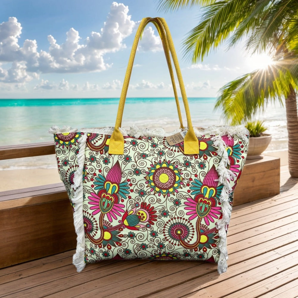 MEJORADA Bolso de Playa Grande con Estampado Colorido y Flecos, Estilo Tote con Forro Interior, Tamaño 55x35x20 cm - Ideal para Playa, Piscina y Viajes