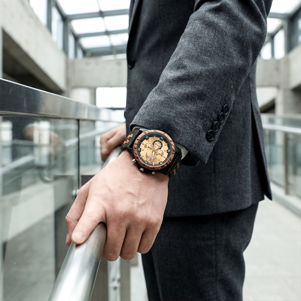 Relojes de Pulsera de Madera para Hombres, Relojes de Cuarzo de Moda con Fecha, Semana y Hora, Caja de Madera para Él