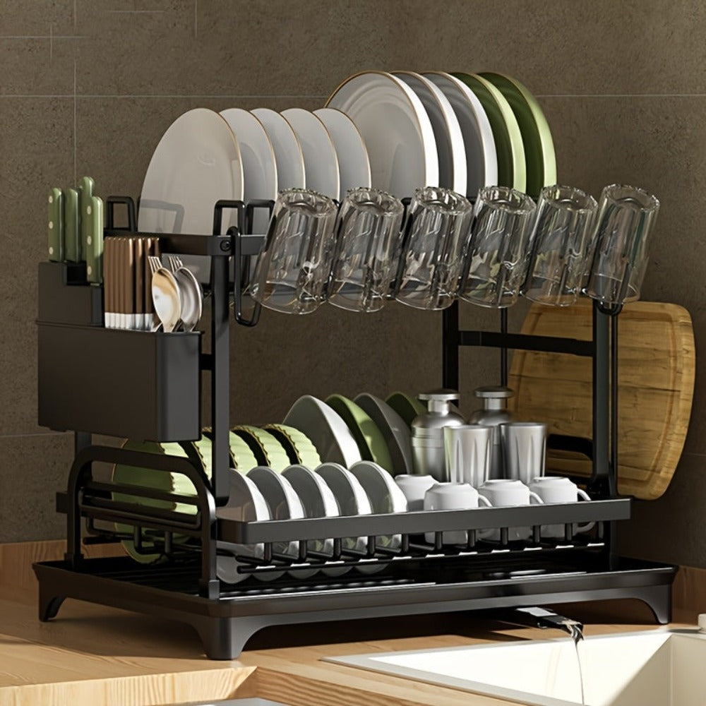 Juego de escurridor de platos de 2 niveles con bandeja de goteo - Espera de metal grande para platos con desagüe, soporte para vasos, soporte para cubiertos y sistema de desagüe adicional - Accesorios de cocina para secado y organización eficiente de plat