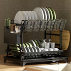 Juego de escurridor de platos de 2 niveles con bandeja de goteo - Espera de metal grande para platos con desagüe, soporte para vasos, soporte para cubiertos y sistema de desagüe adicional - Accesorios de cocina para secado y organización eficiente de plat