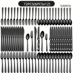 Juego de vajilla de acero inoxidable negro de 72 piezas, vajilla de acero inoxidable genuino, 60 piezas negro brillante, adecuado para 12 personas, juego de cubiertos de cuchillo, tenedor, cuchara, adecuado para bodas, fiestas, cumpleaños, restaurantes, a