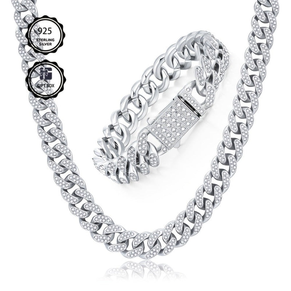 Juego de Joyería de Plata 925 con Cadena Cubana Incrustada con Zirconia 5A, Cadena Gruesa de Moda Hip-hop Casual, Ambiente de Lujo Generoso, Decoración para Fiestas y Banquetes, Hipoalergénico, El Mejor Regalo para Él, Empaque en Caja de Regalo Exquisita