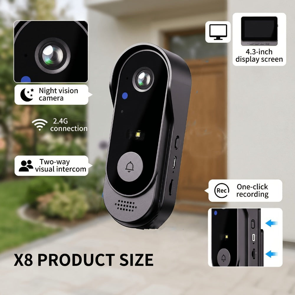 Timbre de video sin varillas con pantalla de 4.3 pulgadas, kit de cámara de seguridad para timbre sin varillas que incluye visión nocturna, intercomunicador bidireccional, grabación de imágenes y vídeo, almacenamiento ampliable con tarjeta SD, apto para v