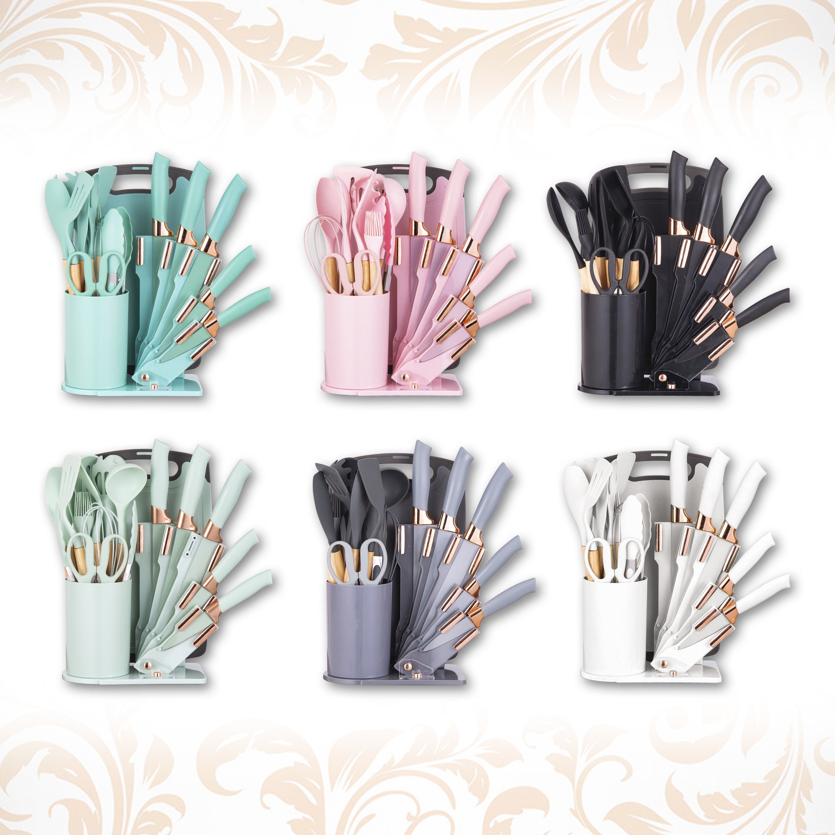 Juego de 19 Piezas de Cuchillos de Cocina con Bloque de Ventilación en Varios Colores. Incluye Cuchillo de Chef, Cuchillo de Carnicería, Cuchillo para Pan, Cuchillo Multiusos, Cuchillo para Frutas y Herramientas de Cocina. Hojas de Acero Inoxidable Premiu