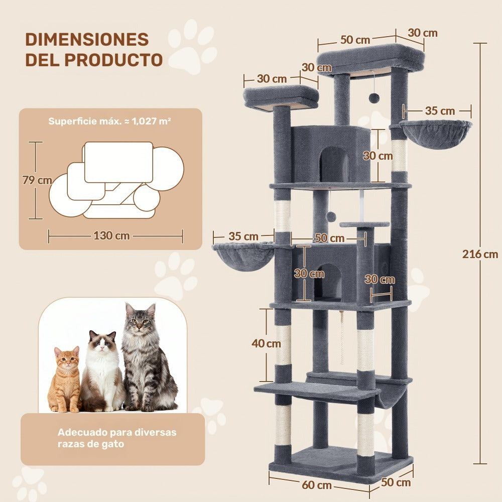 Rascador Grande para Gatos, Rascador de 216 Cm, Gatos Grandes, Estable con Rascadores, 2 Casas Cómodas para Gatos, 2 Perchas, 2 Cestas, Hamaca, Para Uso en Interiores