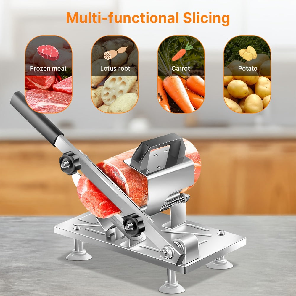 Cortadora de Carne Manual en Acero Inoxidable, Grosor Ajustable, Filo Nítido y Duradera, Fácil de Limpiar, Cortador Multiusos para Reses Bovinas, Ovejas, Verduras e Ingredientes del Hot Pot, Ideal Para Uso Doméstico o Comercial