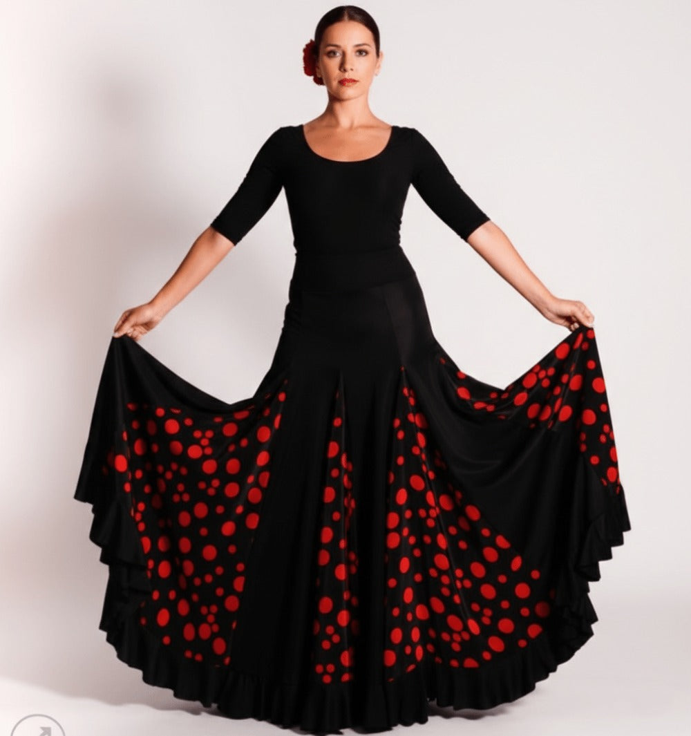 Falda flamenca de tiro alto (bajo pecho) negra con lunares rojos o blancos | Cintura elástica adaptable