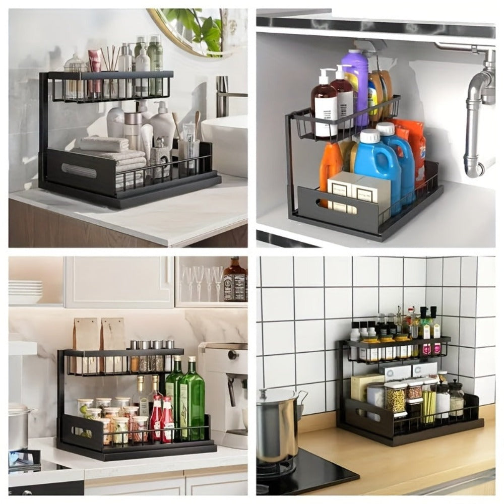 2 estantes metálicos para fregadero, estantes de almacenamiento de gabinete de 2 pisos con cajones deslizantes, gabinetes de almacenamiento extraíbles para fregadero, cocina, baño, despensa, estantes multiusos para fregadero, organizadores debajo del freg