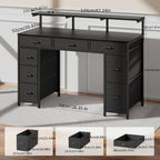 Escritorio para Gaming con 8 Cajones de Tela, Soporte para Monitor con Luz LED, Regleta Europea (2 AC/2 USB), Tapa de Madera, Patas Ajustables para Oficina en Casa/Sala de Juegos