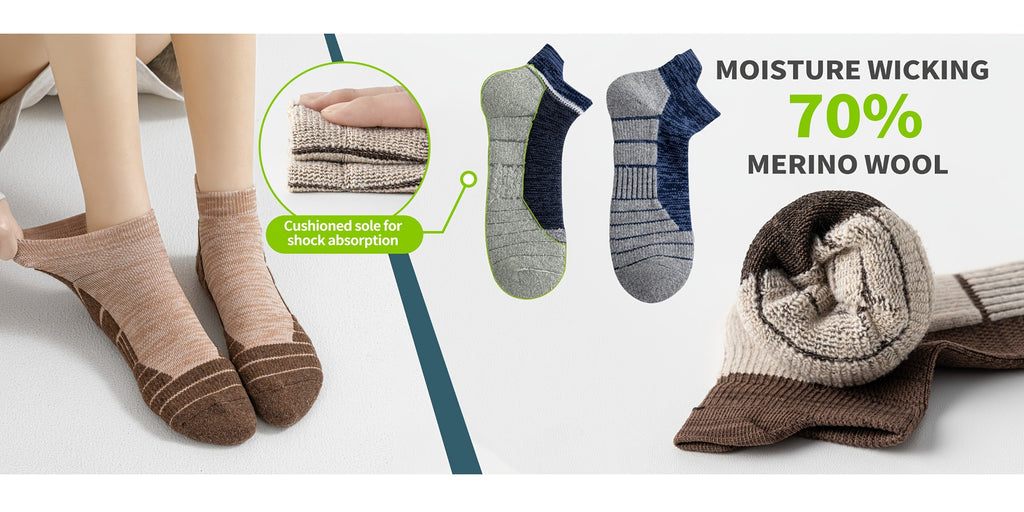 Seis pares de calcetines tobilleros de lana merino, ideales para senderismo y running. Estos calcetines de trabajo ofrecen soporte de compresión, absorben el sudor y son transpirables con un amortiguamiento grueso. Son de corte bajo y están diseñados para