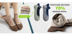 Seis pares de calcetines tobilleros de lana merino, ideales para senderismo y running. Estos calcetines de trabajo ofrecen soporte de compresión, absorben el sudor y son transpirables con un amortiguamiento grueso. Son de corte bajo y están diseñados para