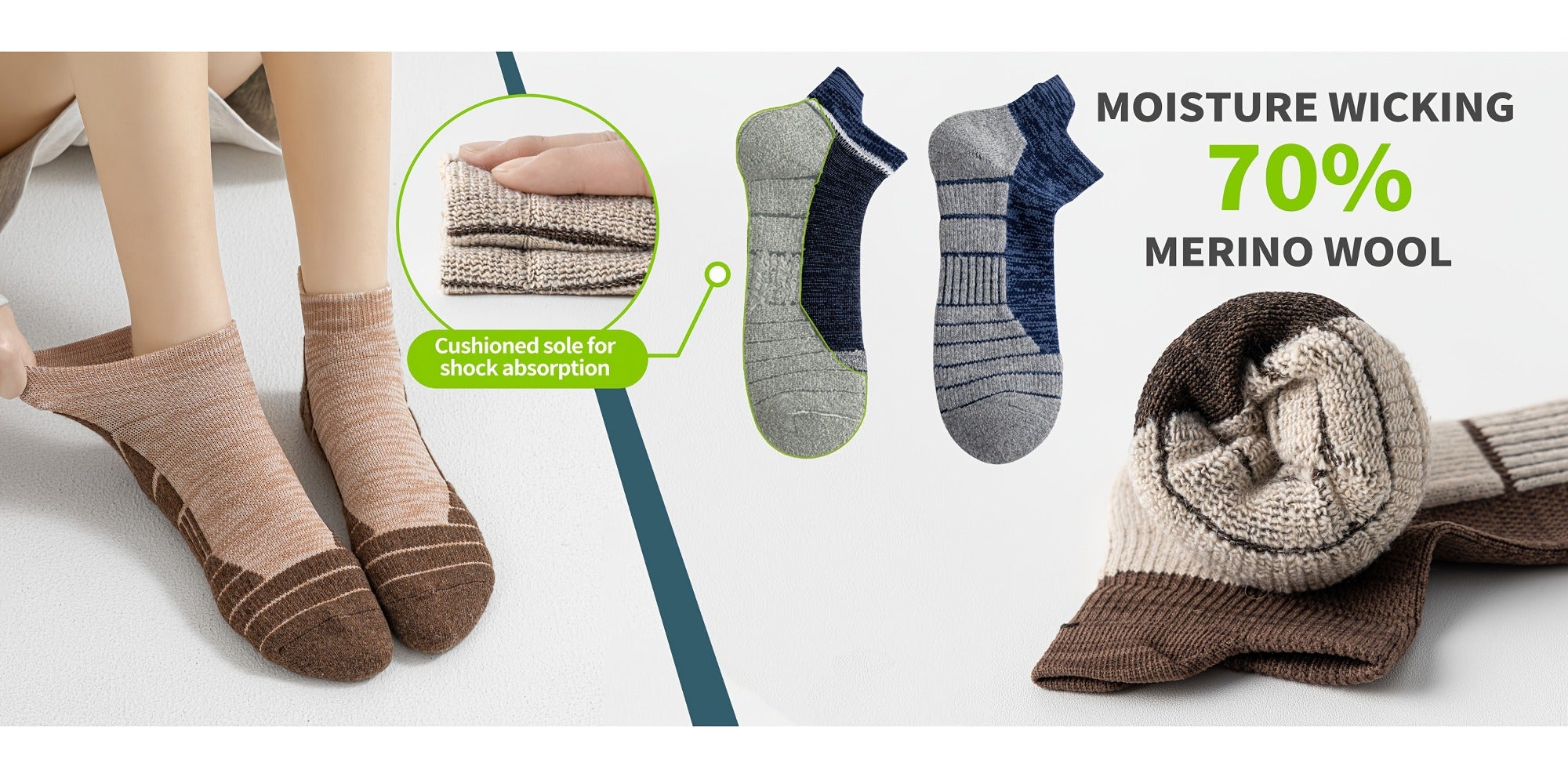 Seis pares de calcetines tobilleros de lana merino, ideales para senderismo y running. Estos calcetines de trabajo ofrecen soporte de compresión, absorben el sudor y son transpirables con un amortiguamiento grueso. Son de corte bajo y están diseñados para