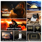 Proyector | [Apps Integradas y Mejoras 2026] Mini Proyector Inteligente Portátil con Wifi 6 y BT5.4, Android 11, Soporte 4K | Proyector de Cine