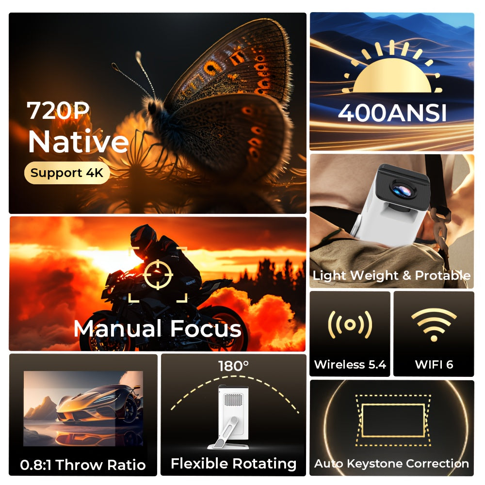 Proyector | [Apps Integradas y Mejoras 2026] Mini Proyector Inteligente Portátil con Wifi 6 y BT5.4, Android 11, Soporte 4K | Proyector de Cine