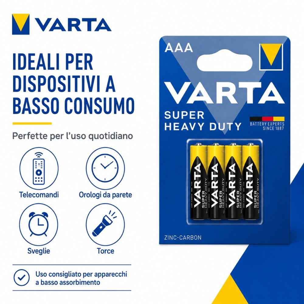 Caja de 12 pailas de 4 pilas AAA VARTA Super Heavy Duty de zinc-carbón de 1.5V R03 para controles remotos y relojes