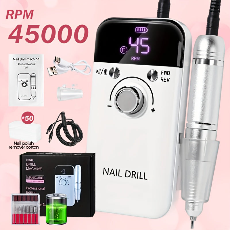 Set de Torno Eléctrico Profesional para Uñas, 45000 RPM, Herramienta Recargable USB Portátil para Uñas Artísticas, Adecuado para Uñas de Cristal, Uñas de Gel, Herramientas de Pulido para Manicura, Herramientas de Modelado para Manicura, Suministros para T