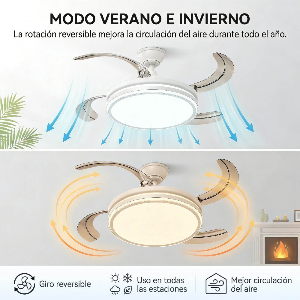 Ventilador de techo moderno con luz LED de 50W con regulación continua, aspas retráctiles y mando a distancia – Motor DC de cobre puro silencioso, bajo consumo y larga duración, brillo y temperatura ajustables, 6 velocidades, memoria y temporizador. Ideal