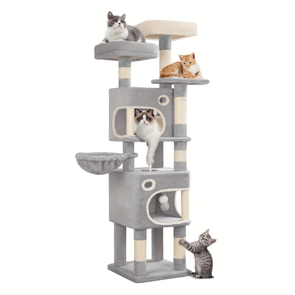 Árbol para gatos de 159 cm con 8 rascadores, 3 plataformas, 2 cuevas, cesta, pelotas de felpa, cuerda de sisal, adecuado para gatos de varios tamaños, gris claro/gris oscuro