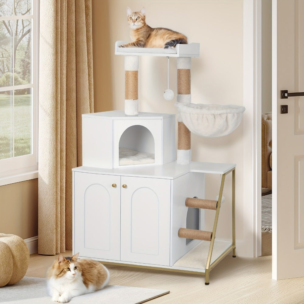 Árbol para Gatos con Gabinete para Caja de Arena, Gabinete para Gatos, Casa Moderna para Gatos 4 en 1 con Plataforma Grande, Casa para Gatos con Rascador de Sisal, Postes, Escaleras y Pompón, Cojines Lavables, Marfil Claro/Blanco
