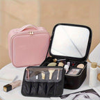 Neceser de Maquillaje, Bolso de Maquillaje con Espejo, Gran Capacidad, Bolso de Mano Portátil de Alta Gama, Bolsa de Almacenamiento de Cosméticos para Mujeres y Hombres, Espejo Redondo Pequeño de Detalle de Belleza con Aumento