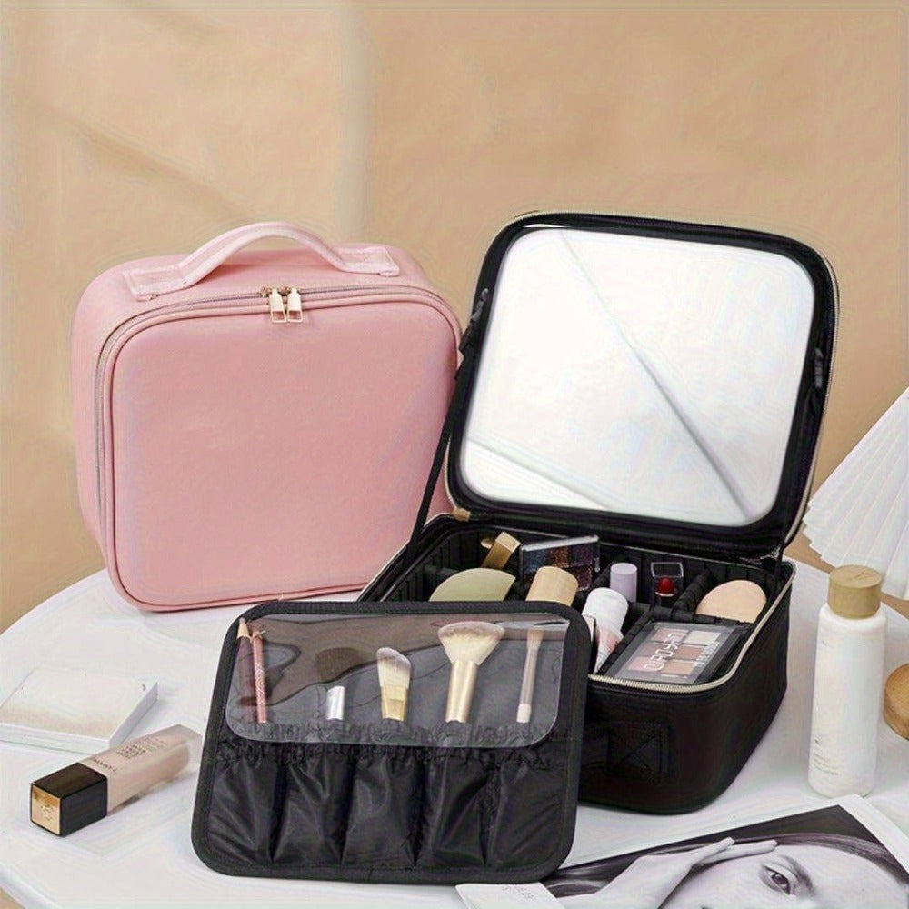 Neceser de Maquillaje, Bolso de Maquillaje con Espejo, Gran Capacidad, Bolso de Mano Portátil de Alta Gama, Bolsa de Almacenamiento de Cosméticos para Mujeres y Hombres, Espejo Redondo Pequeño de Detalle de Belleza con Aumento