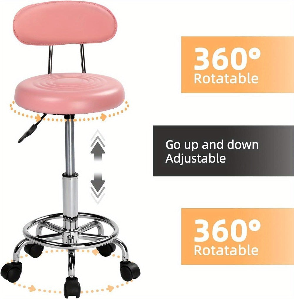 Bonnlo Taburete Giratorio Profesional con Respaldo, Taburete de Oficina Giratorio 360 Grados con Altura Ajustable de 48-58 Cm, Cubierta de PU, para Salón de Masajes, Manicura y Oficina (Blanco)