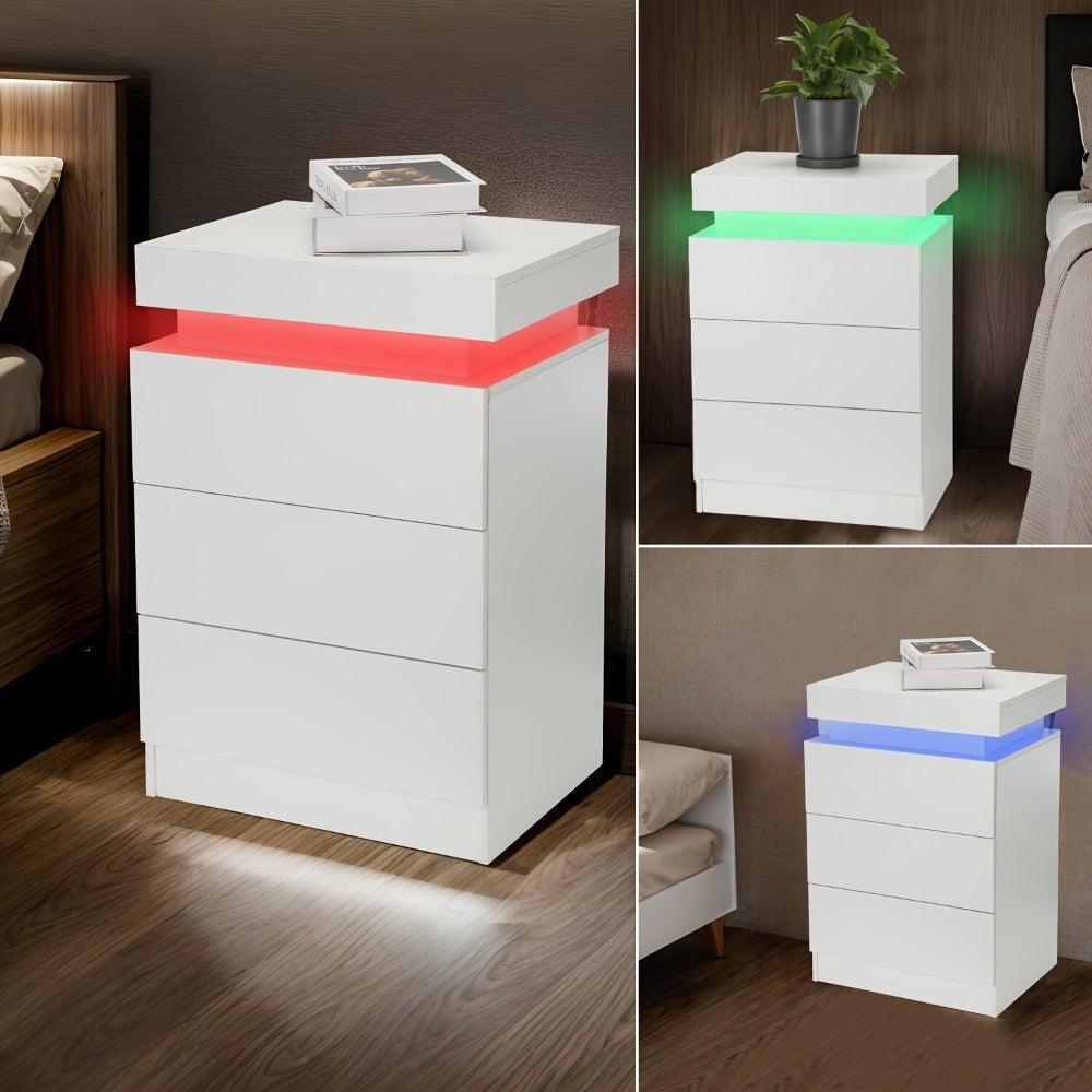 Mesita de noche LED con 3 cajones y 1 cajón superior, mesita de noche con brillo intenso en 4 lados, colores LED RGB, mesita de noche para dormitorio, sala de estar, muebles para el hogar, blanco