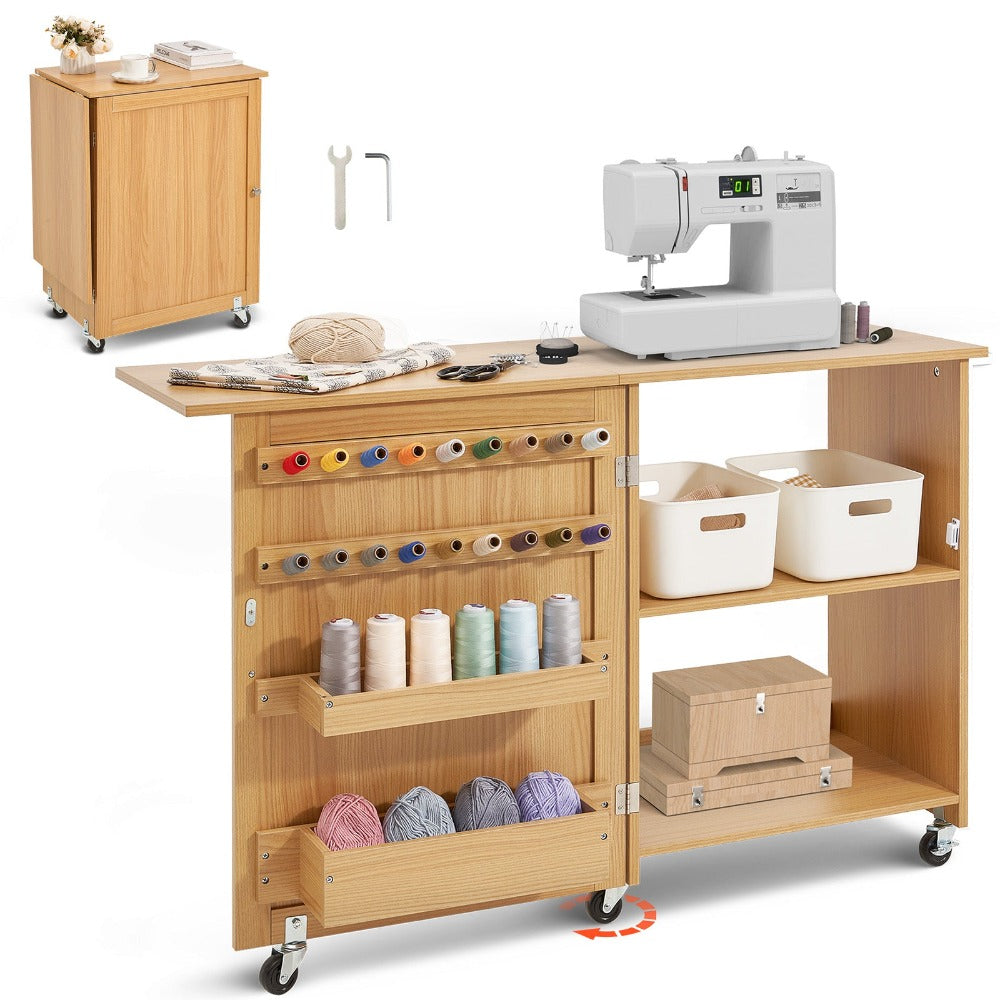 Mesa de costura plegable VEVOR con ruedas con cerradura estantes bandejas puerta color madera