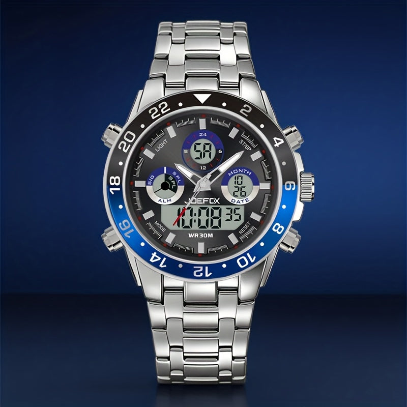 Reloj ejecutivo para hombre de inspiración vintage, cuarzo de doble pantalla con cronógrafo, alarma y fecha, correa de acero inoxidable, caja redonda de aleación de zinc, resistente al agua, a pilas