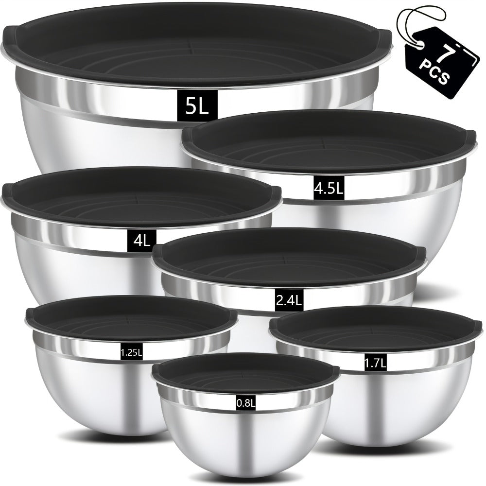 Juego de 7 cuencos de ensalada premium de acero inoxidable con tapas, juego de cuencos apilables, cuencos gruesos duraderos, aptos para ensaladas, aptos para lavavajillas y microondas, ideales para Navidad, Hanukkah, Pascua, Acción de Gracias, almacén loc