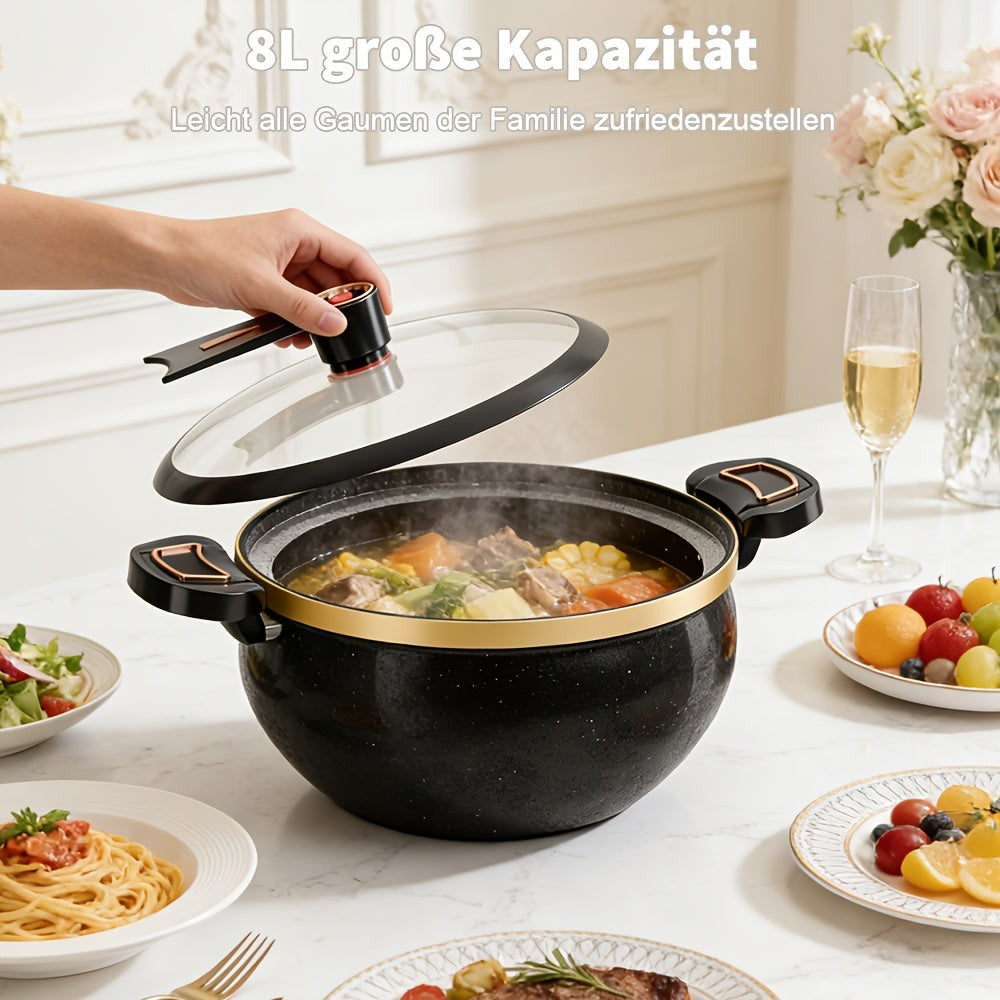 Olla de hierro fundido de 8 litros de alta resistencia | Incluye una cuchara, ideal para cocinar y hacer estofados, multifuncional con tapa, compatible con cocinas de gas e inducción, excelente retención de calor, perfecta para cocinas modernas