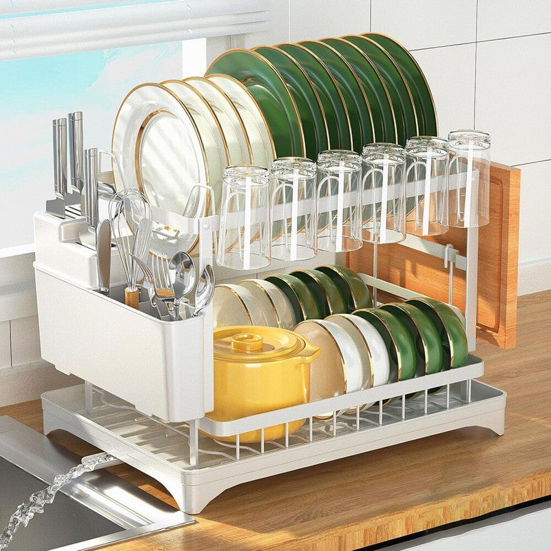 Escurridor de acero inoxidable de dos niveles con soporte para cubiertos, bandeja de goteo, portavasos y colador para fregadero