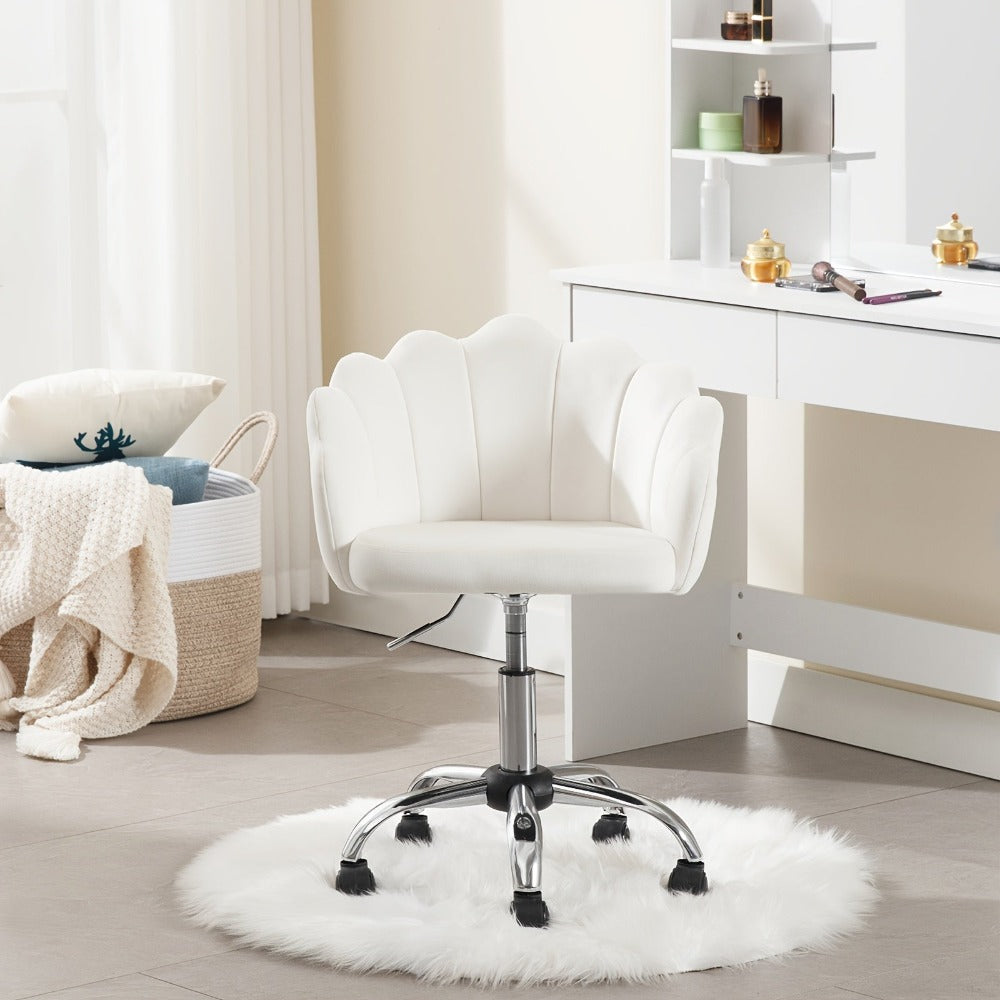 1 Silla de oficina para el hogar, Silla de escritorio, Silla de maquillaje, Silla de terciopelo con respaldo en forma de pétalo - Cómoda y hermosa, Silla giratoria con ruedas, Altura de silla ajustable, Base de metal, Fácil de montar