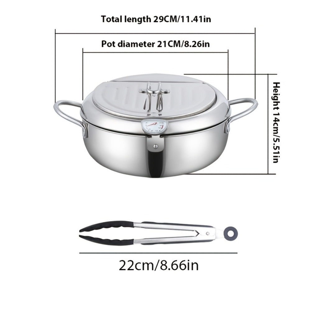 Olla freidora de acero inoxidable con tapa, sartén para freír profunda que ahorra aceite con termómetro, utilizada para freír papas fritas, alitas de pollo y camarones, compatible con estufas de gas y placas de inducción, utensilios de cocina | Suministro