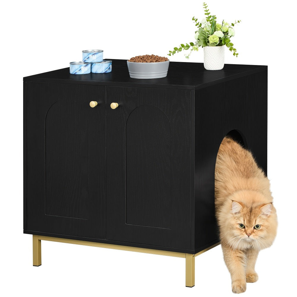 Gabinete para Gatos, Caja de Arena para Gatos, Casa para Gato con Puerta, Mesa Auxiliar de Madera para la Casa del Mascota, 50 X 60 X 61cm, Gabinete Estable para Gatos, Blanco y Dorado