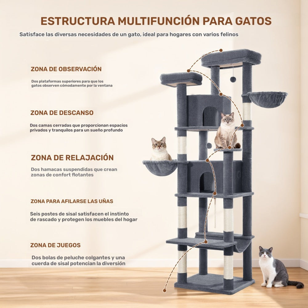 Rascador Grande para Gatos, Rascador de 216 Cm, Gatos Grandes, Estable con Rascadores, 2 Casas Cómodas para Gatos, 2 Perchas, 2 Cestas, Hamaca, Para Uso en Interiores