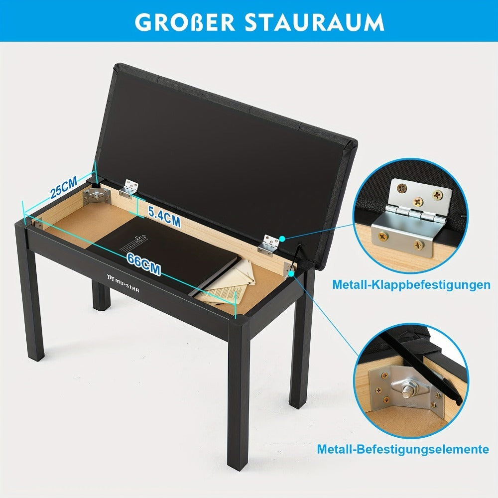 Banqueta para Piano MUSTAR de 74 cm con Almacenamiento - Taburete de Madera Maciza, Tapizado en Piel Sintética Suave y Compartimento Abatible para Teclados Digitales, Decoración del Hogar, Banqueta de Tocador -