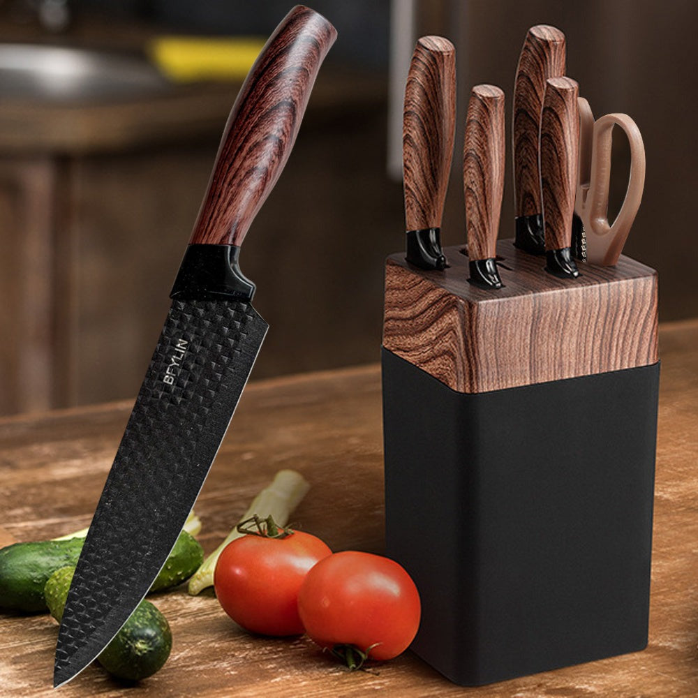 Juego de 7 cuchillos, cuchillos de cocina, hojas afiladas de acero inoxidable para corte preciso con mango ergonómico antideslizante, cuchillo de chef, cuchillo para pelar, cuchillo para rebanar, cuchillo para pan, cuchillo multiusos, tijeras, bloque de c