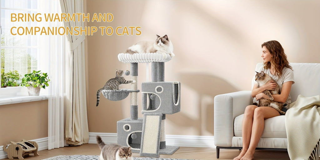 Torre para Gatos Pequeña, 98Cm de Alto, Espaciosa y Robusta, con un Perch Grande Suave, Juguetes de Felpa, Escondites, Postes para Rascar, Alfombrilla para Rascar Gatos, Disponible en Gris Claro/Gris Oscuro/Beige