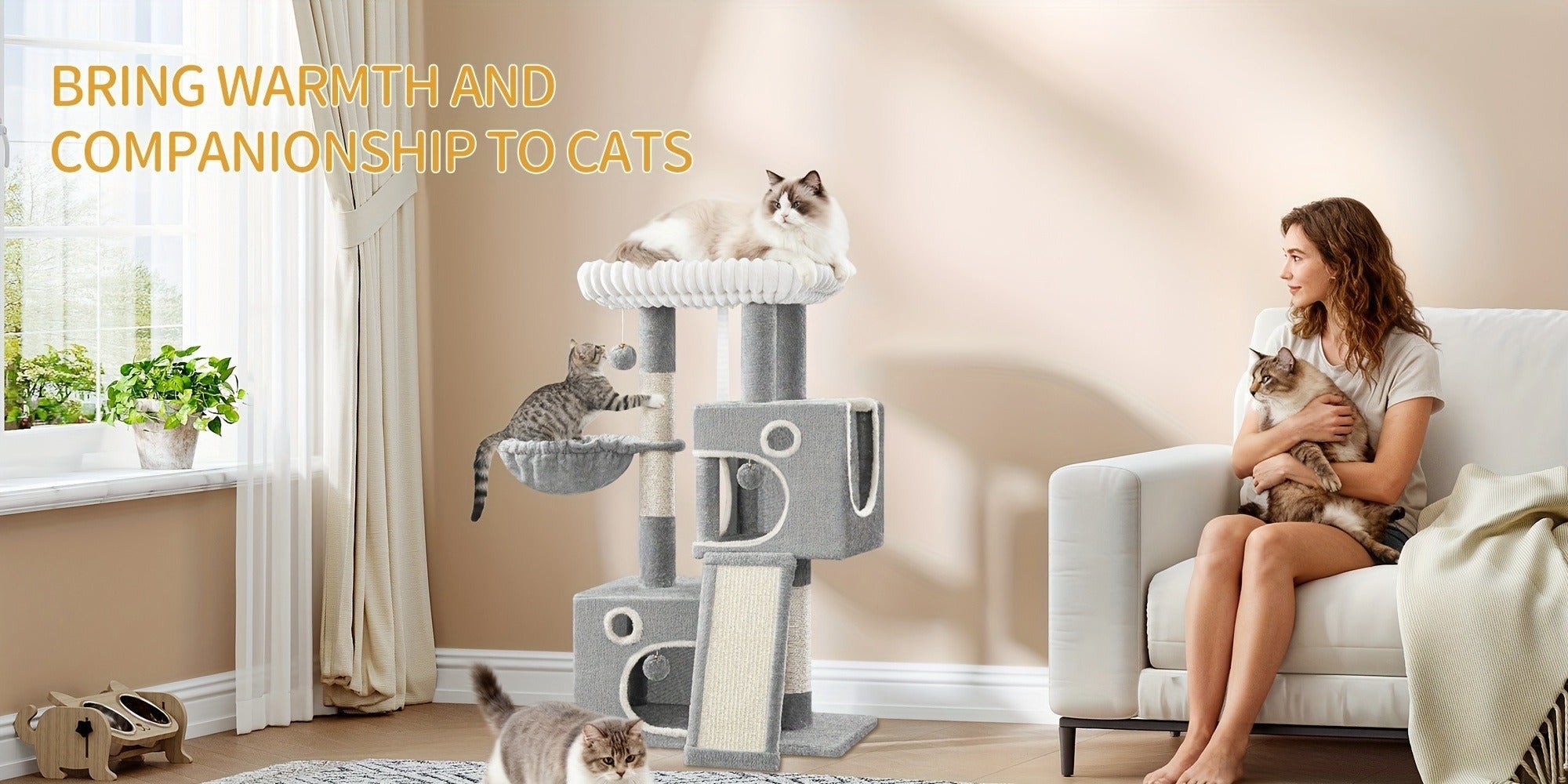 Torre para Gatos Pequeña, 98Cm de Alto, Espaciosa y Robusta, con un Perch Grande Suave, Juguetes de Felpa, Escondites, Postes para Rascar, Alfombrilla para Rascar Gatos, Disponible en Gris Claro/Gris Oscuro/Beige
