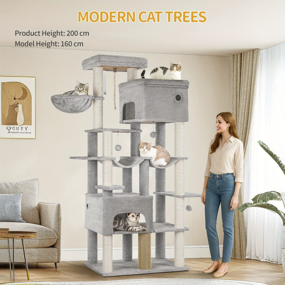 Árbol para gatos, Árbol para gatos XXL de 200 cm con 10 postes para rascar, 2 cuevas, 2 hamacas, plataforma grande, cepillo para gatos, cesta, árbol para gatos resistente para Maine Coon y gatos más grandes, gris claro/gris oscuro/beige