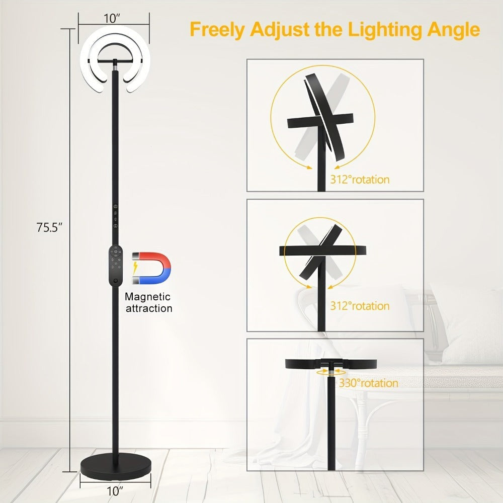 Lámpara de pie para sala de estar, 36 W LED con control remoto, doble anillo giratorio de 312°, luz ajustable de 1900 K a 6500 K, 3 modos de iluminación, adecuada para lámparas de pie modernas en dormitorios, oficinas y hoteles, 192 cm, negro