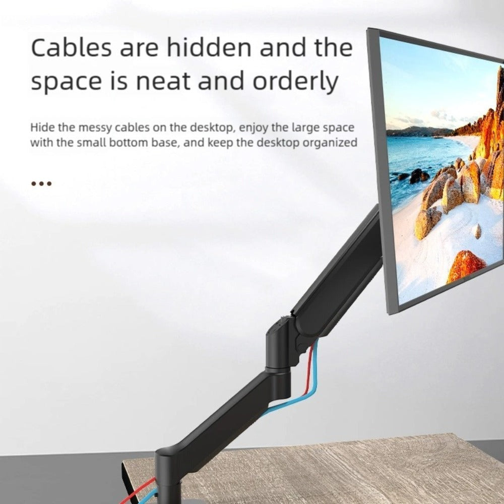 Soporte de brazo único para monitor de TV/computadora, diseño ergonómico, inclinación y rotación bidireccionales, altura ajustable, de acero, incluye 3 destornilladores portátiles.