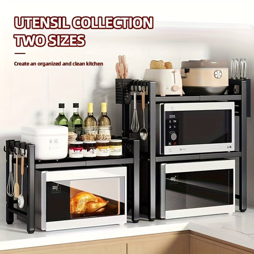 1 estante de almacenamiento de 2/3 niveles con seis ganchos, estante para especias, estante de almacenamiento, estante para horno microondas, negro, extensible, fácil de montar, resistente y duradero, ahorra espacio, estable, adecuado para cocina, dormito