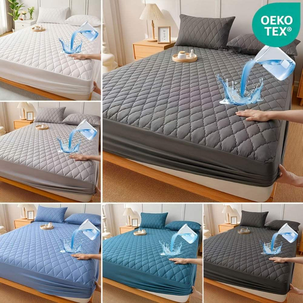 1 Protector de colchón, no incluye funda de almohada ni relleno, diseño de patrón recto impermeable de color sólido, suave y cómodo con tecnología de estampado en relieve sónico, lavable a máquina para dormitorio, hotel, residencia estudiantil, uso en 4 e