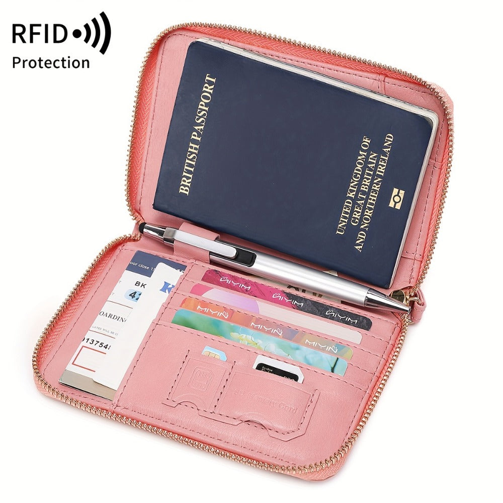 Portapassaporte RFID con cremallera y correa de muñeca, bolsa de almacenamiento multifuncional portátil para viajes, pasaporte y documentos, tarjetero