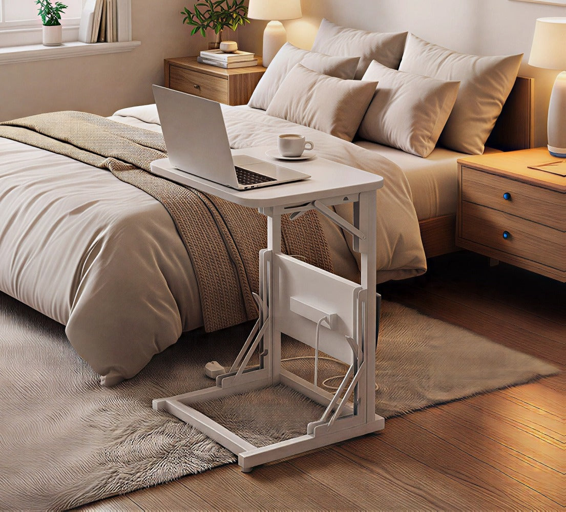 Mesa Auxiliar Plegable con Enchufe y Puertos USB Incorporados, Mesa de Noche Ajustable con Organizador de Almacenamiento para Sofá, Cama, Oficina en Casa