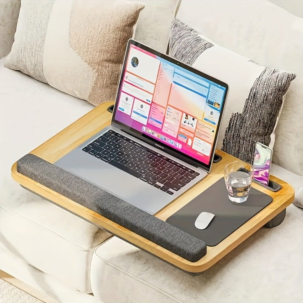 Escritorio de oficina multiusos con reposabrazos, alfombrilla para ratón, ranuras para tablet y teléfono, asa portátil, escritorio acolchado para laptop, estructura de madera duradera, adecuado para usar en la cama, almacenamiento en el hogar y la oficina