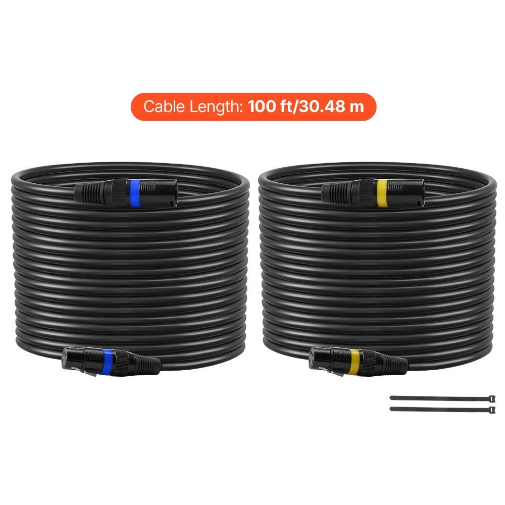 Cable XLR VEVOR 30.48 m, Paquete de 2, Cable DMX Balanceado Blindado Macho a Hembra para Micrófonos, Cable de Altavoz XLR de 3 Pines Chapado en Oro, para Iluminación de Escenario, Micrófonos, Amplificadores, Mezcladores, Sistemas de Altavoces