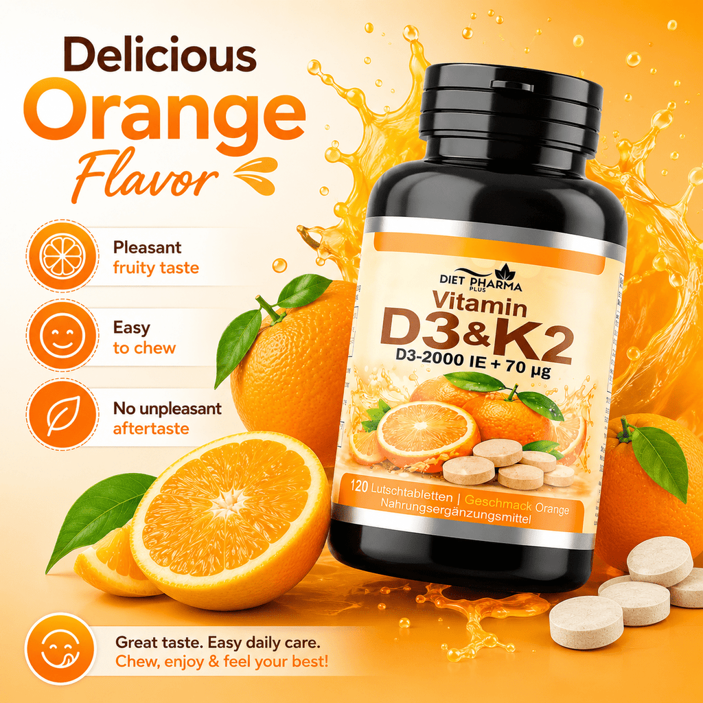 Tabletas masticables de Vitamina D3 + K2 – 120 tabletas – Sabor naranja – Suplemento alimenticio con Vitamina D3 y Vitamina K2 – Tabletas fáciles de masticar para adultos